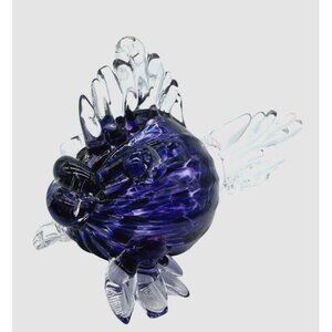 Art Glass Blow Fish Ornament Paperweight Puffer Fish Handblown Purple Signed